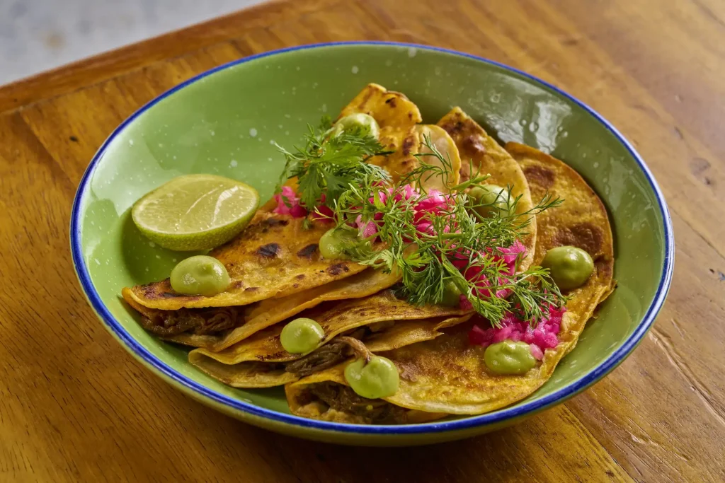 Fresh Quesabirrias at Chiringuito Carbon, Conrad Tulum Riviera Maya.