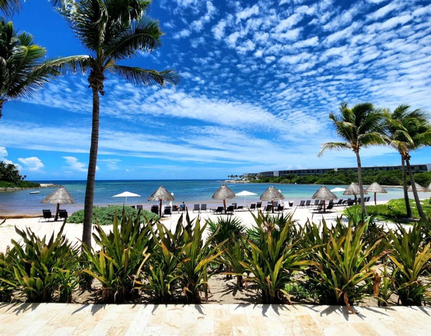 Beachfront at Conrad Tulum Riviera Maya, lounge chairs and palapa umbrellas on white sand with palm trees & turquoise ocean.